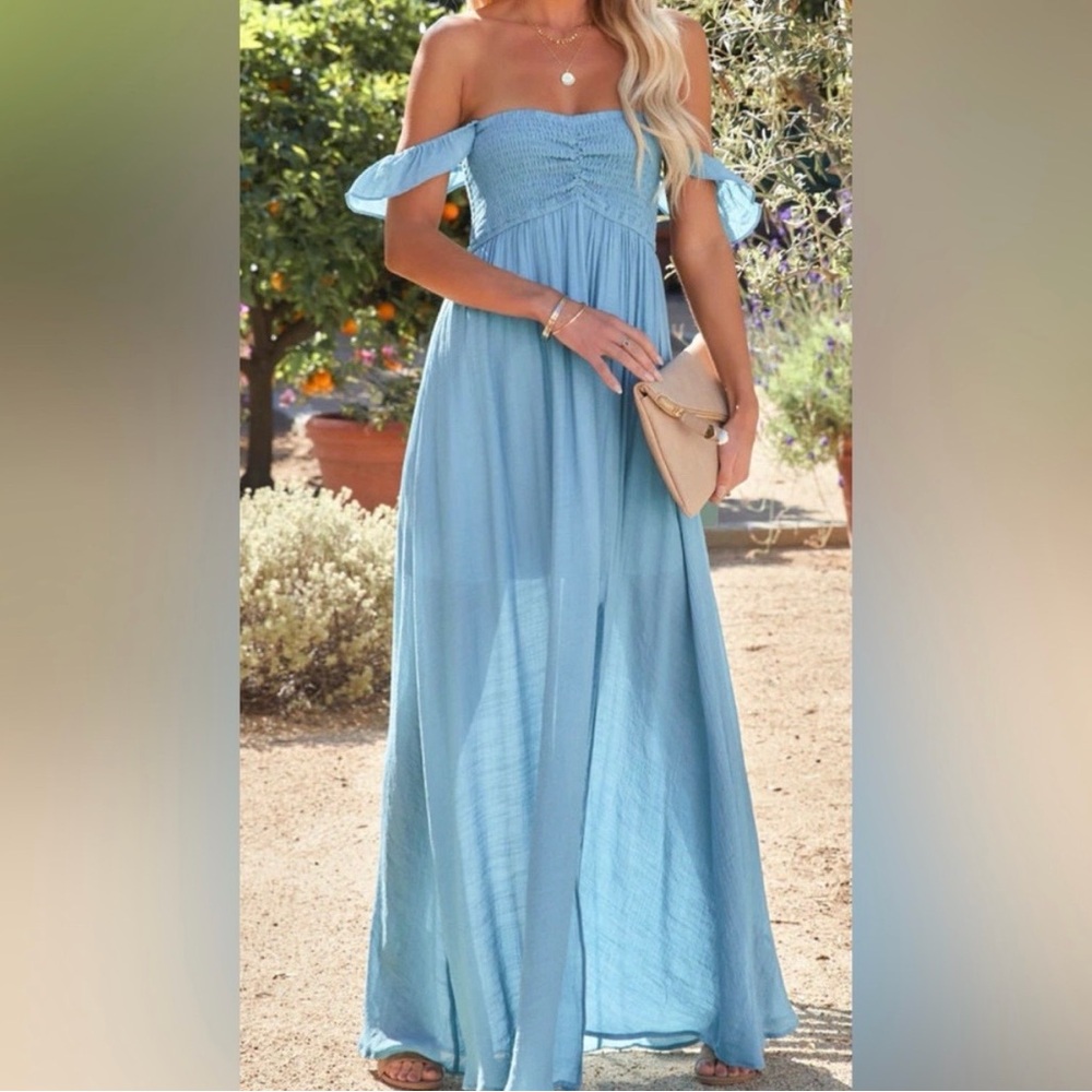 Vici- Aakaa Strapless Light Blue Maxi Dress with Smocked Bodice
